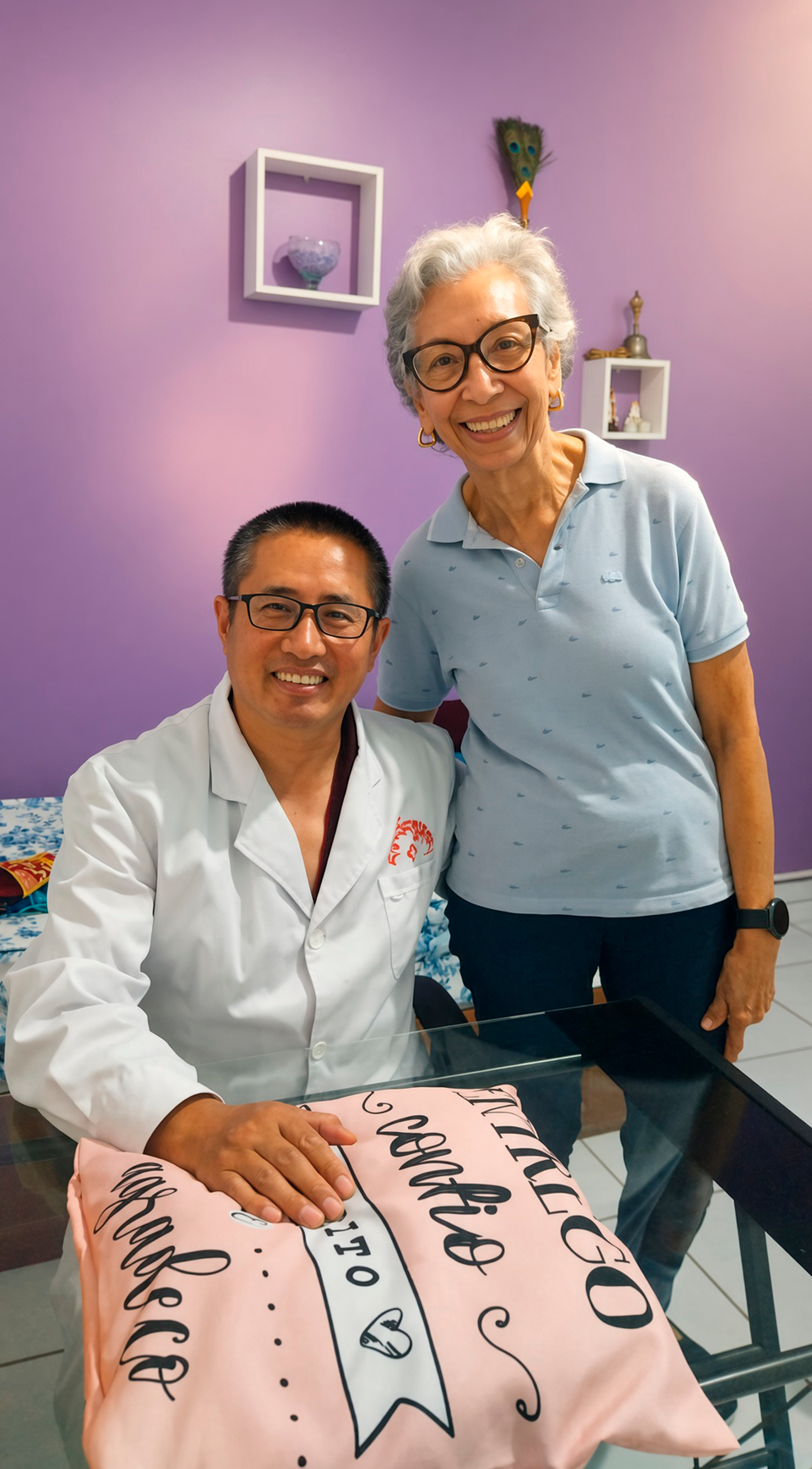 Amchi Lobsang Rabjee, médico e monge tibetano, ao lado de Graça Pimenta durante os atendimentos de medicina tibetana no Espaço Terapêutico Chama Violeta